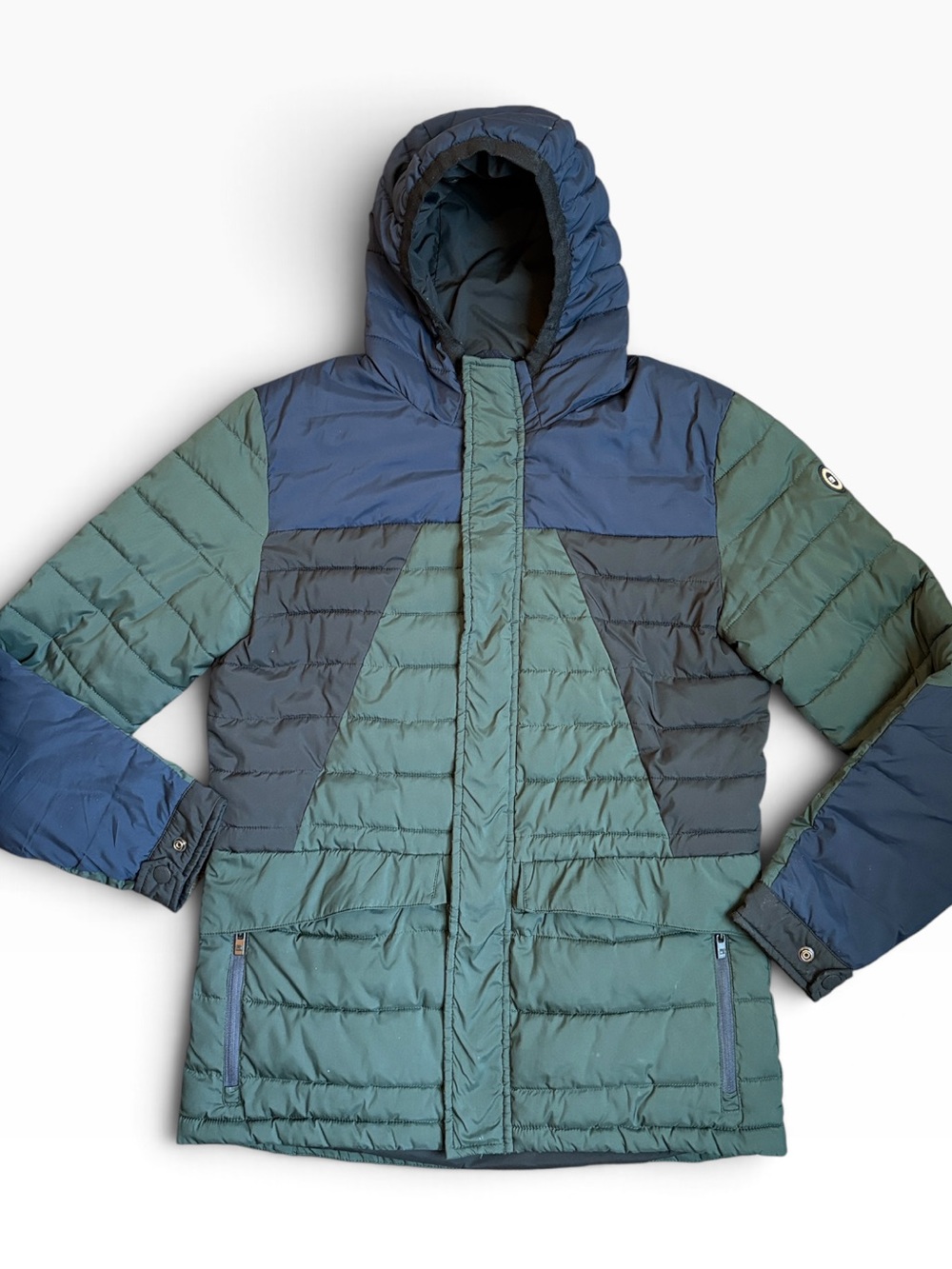 Scotch & Soda Quilted Hooded Puffer Jacket Men's M Colorblock Green & Navy